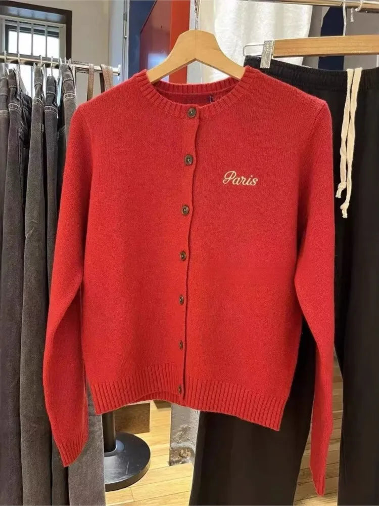 New Red Christmas Knitted Cardigan Women Autumn Casual Letter Embroidered Long Sleeve Sweater Sweet Cute Vintage Knitwear Tops