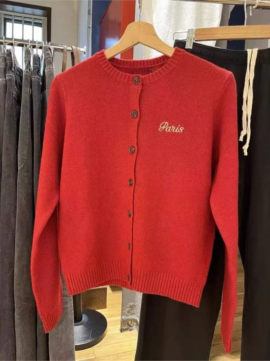 New Red Christmas Knitted Cardigan Women Autumn Casual Letter Embroidered Long Sleeve Sweater Sweet Cute Vintage Knitwear Tops