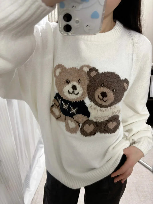 Bear Jacquard Graphic Knitted Sweater Women Autumn Y2K O-Neck White Long Sleeve Pullover Tops Preppy Style Loose Cute Jumper New