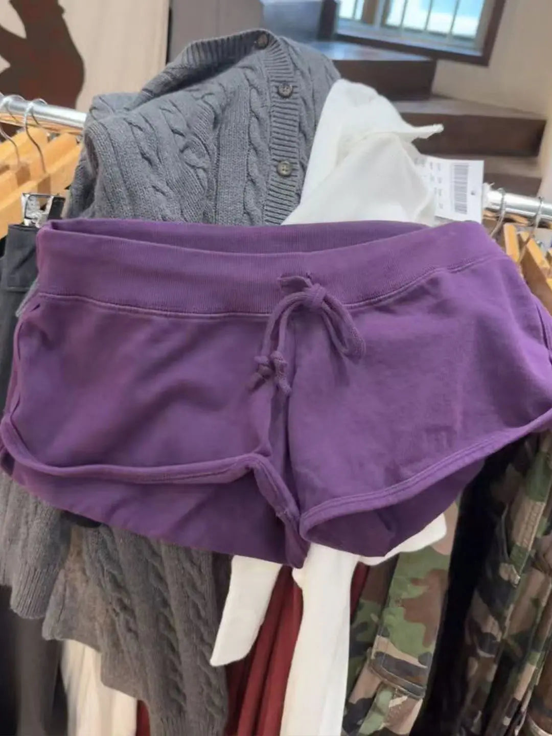 Purple Cotton Short Pant Women Simple Casual Elastic High Waist Casual SweatShorts Vintage Preppy Style Drawstring Bottoms Y2K