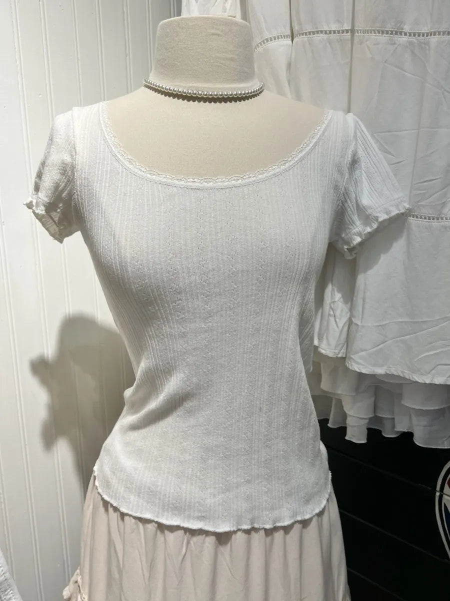 Textured Ruffle White Slim T-shirt Women Summer Lace Trim Scoop Neck Cotton Short Sleeve Tees Cute Sweet Preppy Style T-shirts