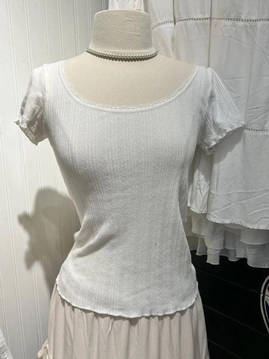 Textured Ruffle White Slim T-shirt Women Summer Lace Trim Scoop Neck Cotton Short Sleeve Tees Cute Sweet Preppy Style T-shirts