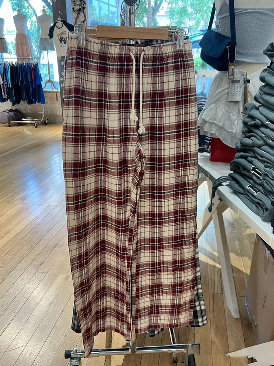 Retro Red Plaid Drawstring Straight Pants Women Autumn Cotton Casual Elastic High Waist Pant Vintage Loose Y2K Baggy Sweatpants