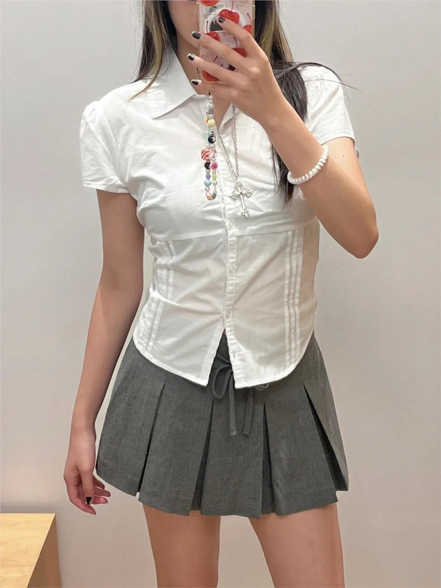 Lace Trim White Blouse T-shirts Women Summer New Casual Single Breasted Short Sleeve Tees Sweet Preppy Style Cute Slim Tops Y2K