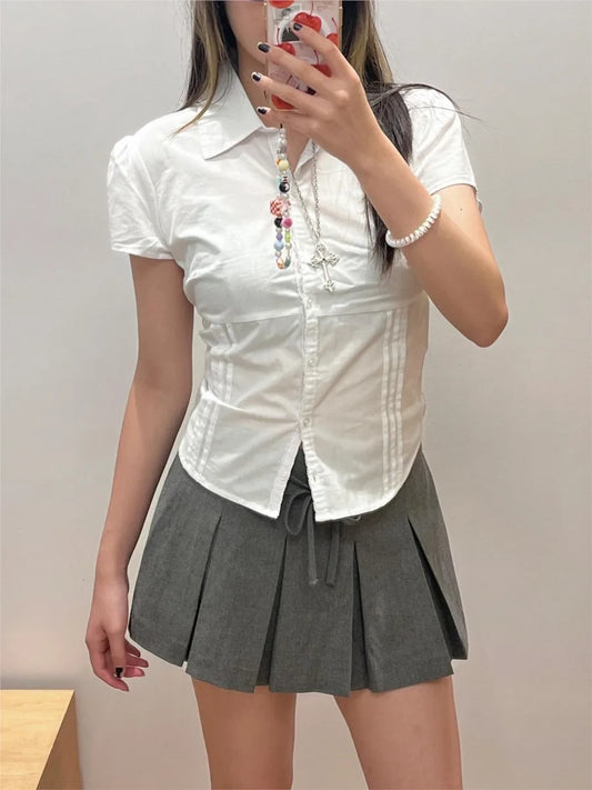 Lace Trim White Blouse T-shirts Women Summer New Casual Single Breasted Short Sleeve Tees Sweet Preppy Style Cute Slim Tops Y2K