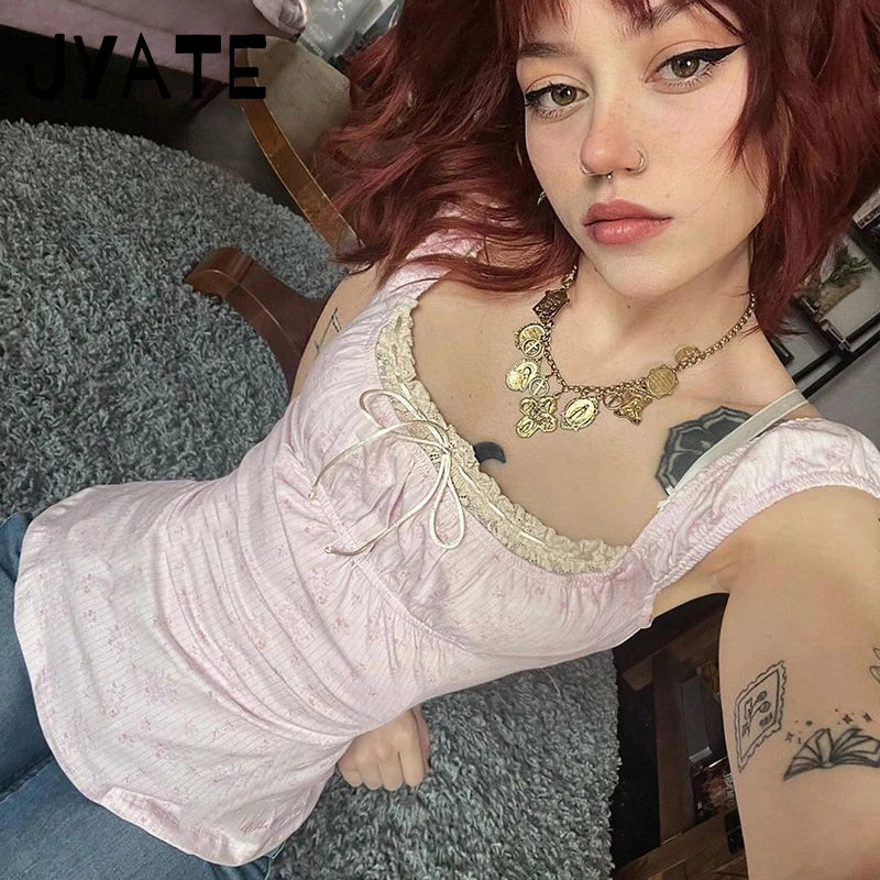 Floral Square Neck Lace-up Tank Tops Women Summer New Casual Preppy Style Slim  Sleeveless Vests Sweet Cute Vintage Camisole Y2K