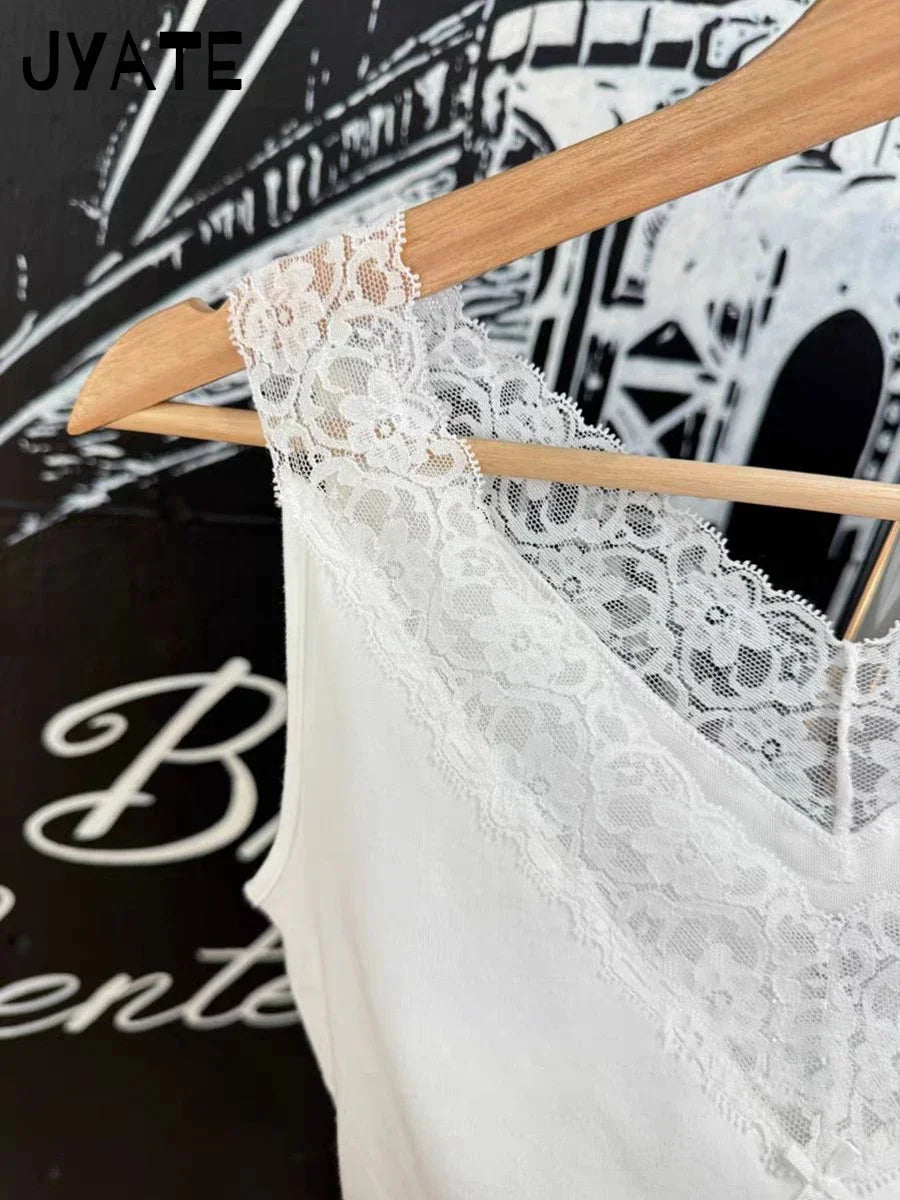 Lace Trim V-neck Sexy Tank Tops Women Summer Casual Cotton White Slim Bow Sleeveless Vests Sweet Cute Preppy Style Camisole Y2K