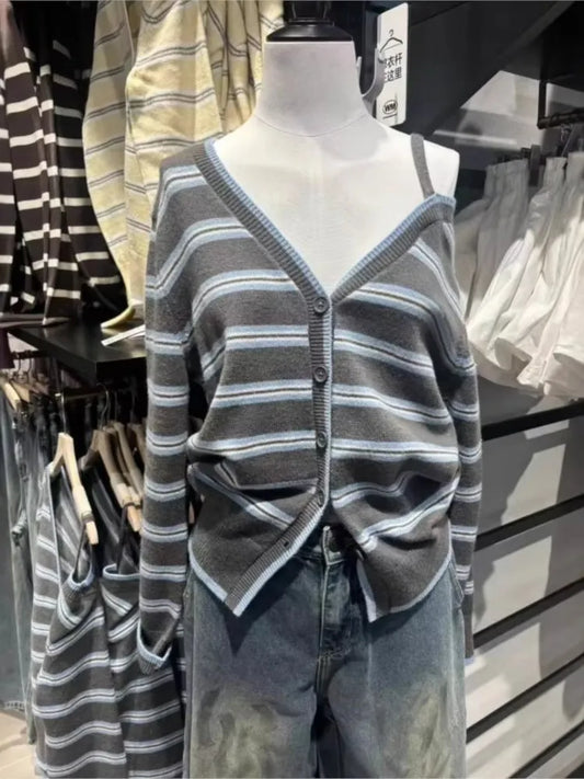 Striped Off-the-shoulder Knitted Cardigan Women Spring Streetwear Sexy Button Sweater Coat Simple Sweet Preppy Style Sweaters