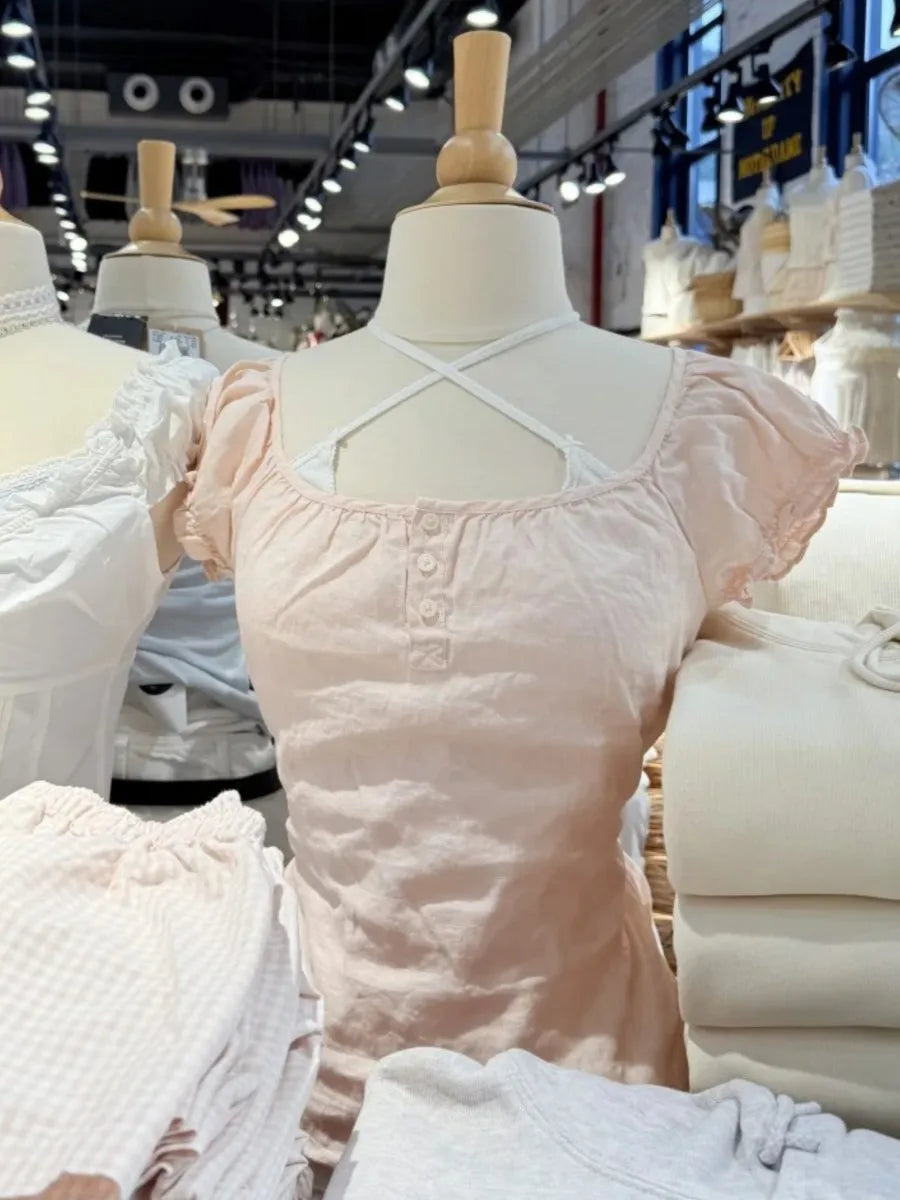 Pink Lace-up Ruffles Sleeve Tees Women Summer Simple Casual Flax Cotton U-neck Buttons Tops Sweet Preppy Style T-shirts Y2K New
