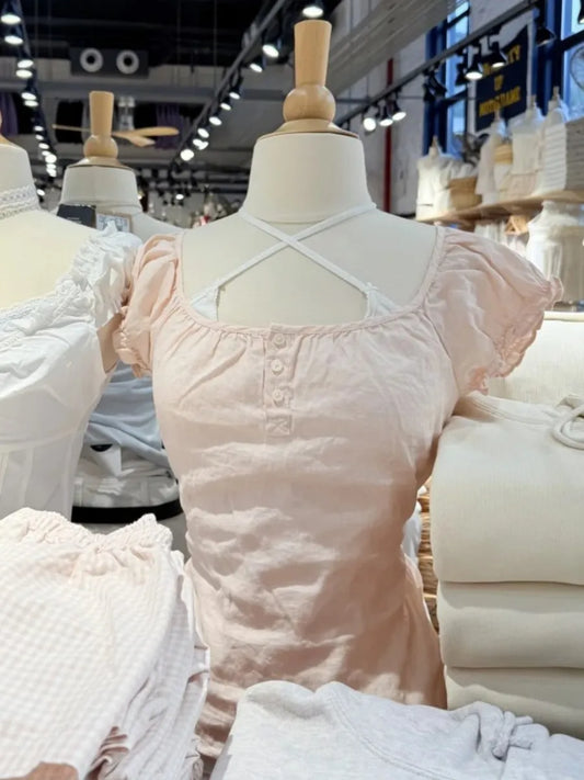 Pink Lace-up Ruffles Sleeve Tees Women Summer Simple Casual Flax Cotton U-neck Buttons Tops Sweet Preppy Style T-shirts Y2K New