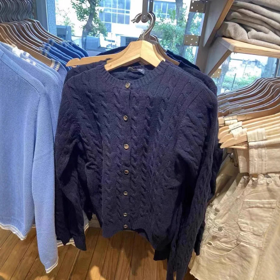 Blue Vintage Long Sleeve Knitted Cardigan Women New Cotton O-neck Casual Button Jumper Coat Sweet Preppy Style Sweater Y2K Tops