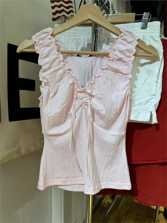 Cute Pink Fungus Trim Slim Tank Tops Women Summer Sleeveless Sexy Bow V-neck Cotton Crop Top Femme Simple Sweet Cute Vests Y2K