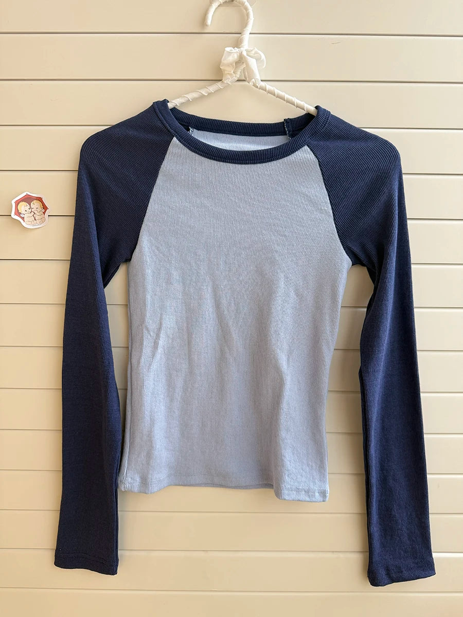 Retro Patchwork Ribbed T-shirt Women Autumn Casual Cotton Round Neck Long Sleeve Tee Shirt Vintage Preppy Style Y2K T Shirt Tops