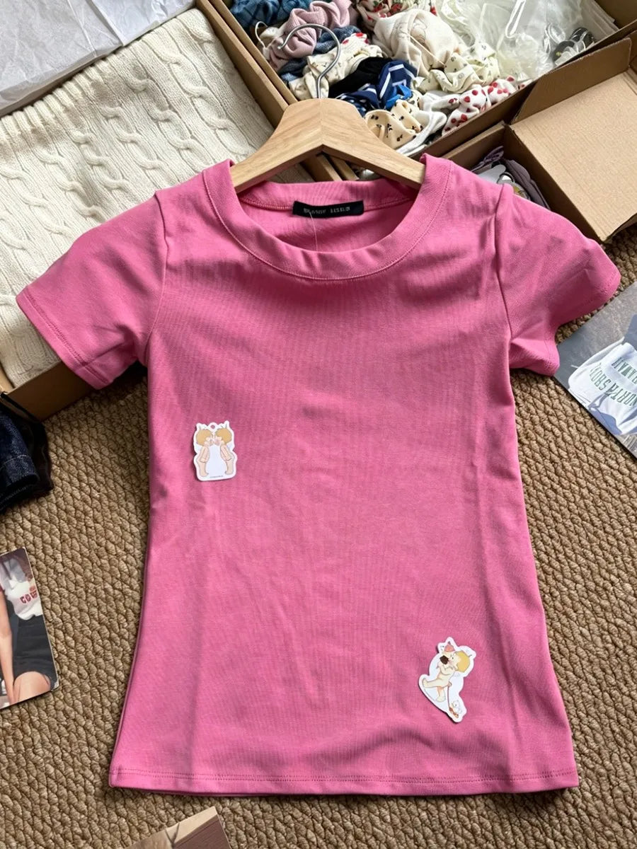 Light Blue Slim Basic T-shirts Woman Summer O-neck Short Sleeve Cotton Tee Shirts Solid Simple Casual All-match Tshirt Tops