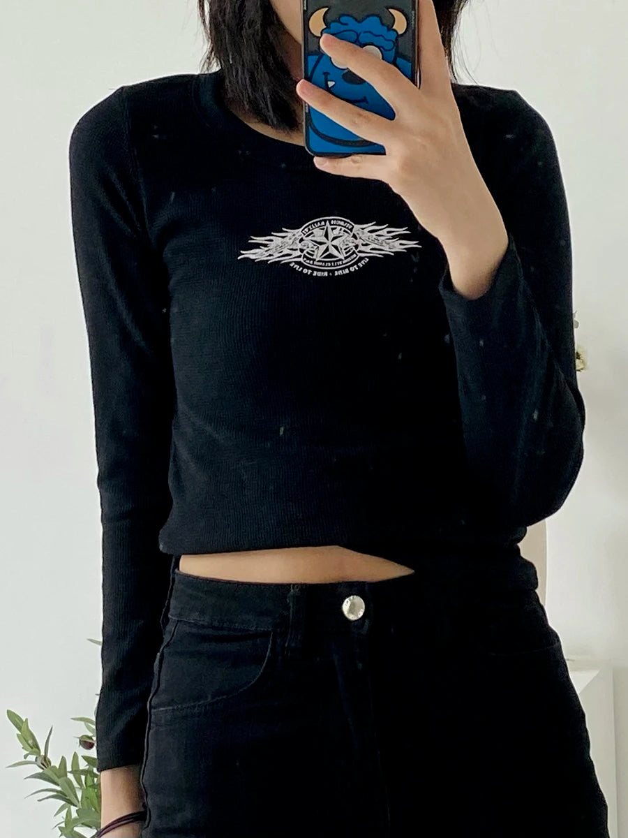 Waffle Letter Print T-shirts Women Autumn Casual Harajuku O-neck Slim Long Sleeve Tees Vintage Preppy Style Y2K Tshirts