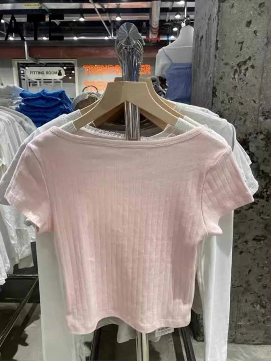 Sweet Pink Eyelet Slim Short Sleeve Tees Women Summer Basic Cotton Buttons Streetwear Crop Tops Vintage Cute Chic T-shirts Y2K