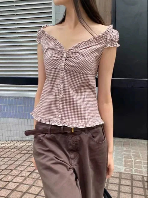 Blue Striped Folds Blouse Top Women New Casual Single Breasted Ruffle Sleeveless Tank Tops Vest Sweet Preppy Style Camisole Y2K