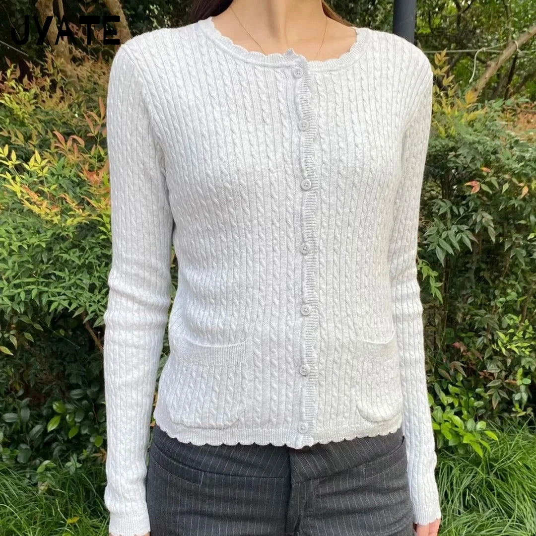 Gray Long Sleeve Knitted Cardigan Women New Simple Basic Cotton O-neck Casual Preppy Style Jumper Sweet Vintage Chic Sweater Top