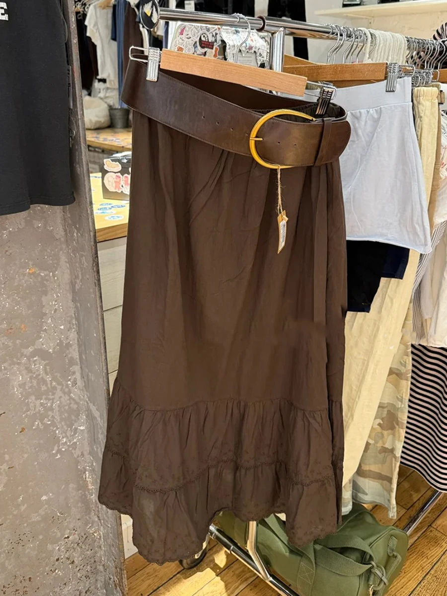 Brown Lace Trim Long Skirts Women New Cotton Drawstring High Waist Preppy Style Faldas Female Classic Vintage Sweet A-line Skirt