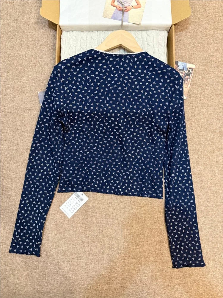 Floral Print Lace Trim Navy T-shirts Cardigan Women Autumn Single Breasted Cotton Long Sleeve Tees Sweet Cute Preppy Style Tops
