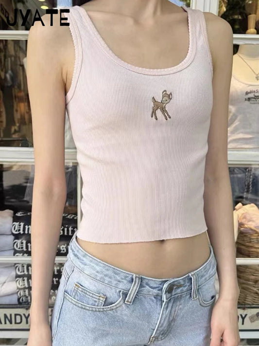 Pink Little Deer Embroidery Tank Tops Women New Ribbed Cotton Raw Hem U Collar Slim Sleeveless Vests Cute Sweet Vintage Camisole
