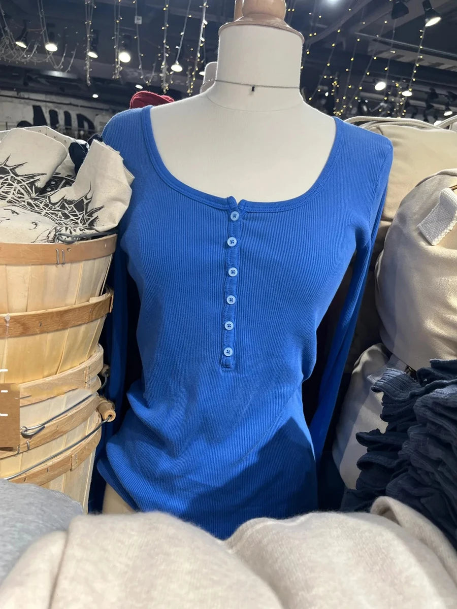 Pink Six Buttons Ribbed Long Sleeve T-shirts Women Spring Round Neck Cotton Slim Tee Top Female Cute Sweet Tshirt Y2k Tops New