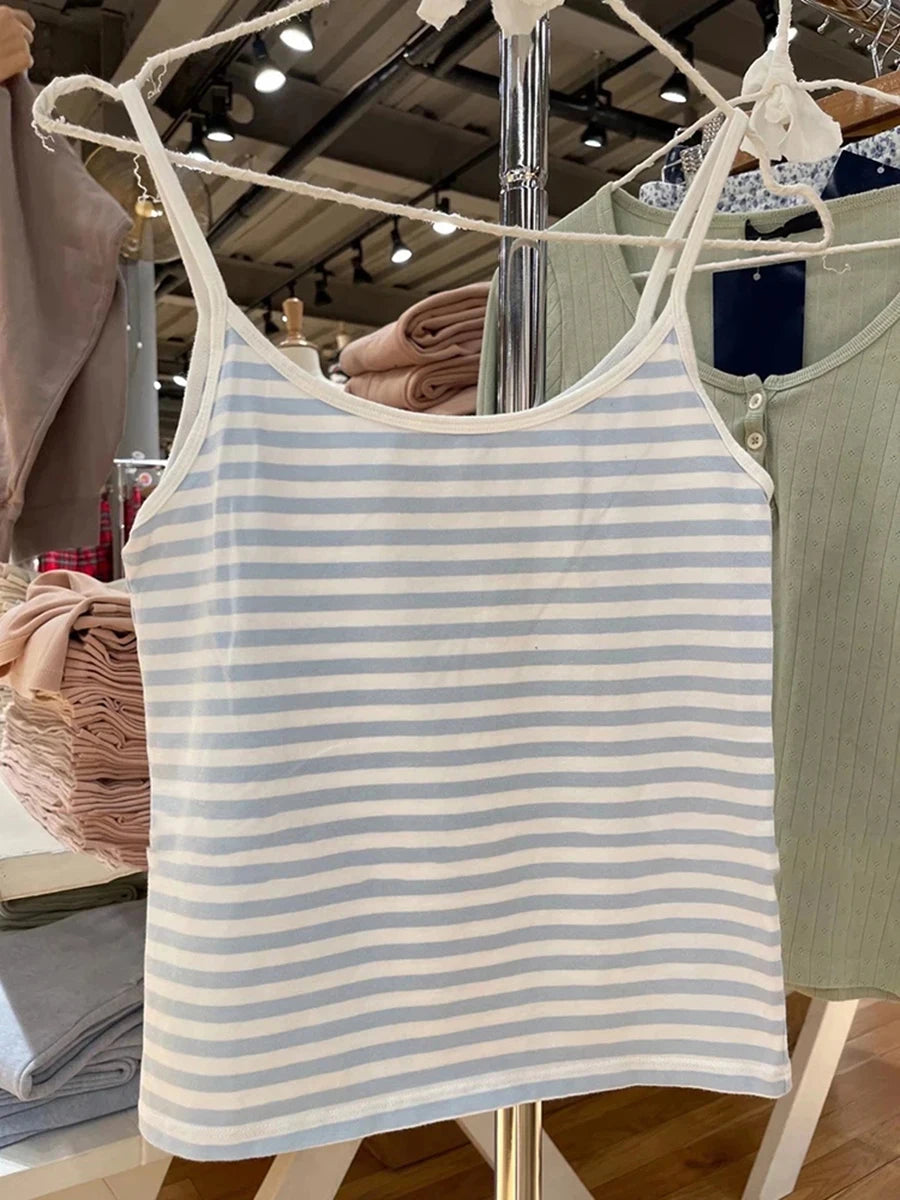 Blue Striped Eyelet Tank Tops Women Summer Y2K Cotton Soft Bow Lace Trim Sleeveless Vests Sweet Cute Preppy Style Camisole New