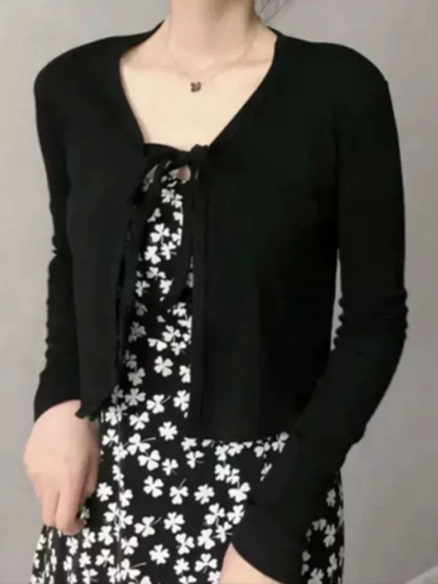 Sweet Slim Cotton Knitted Cardigan Tops Women Autumn New Cotton Solid Harajuku Long Sleeve Tee Vintage Chic Y2K Lace-up T-shirts