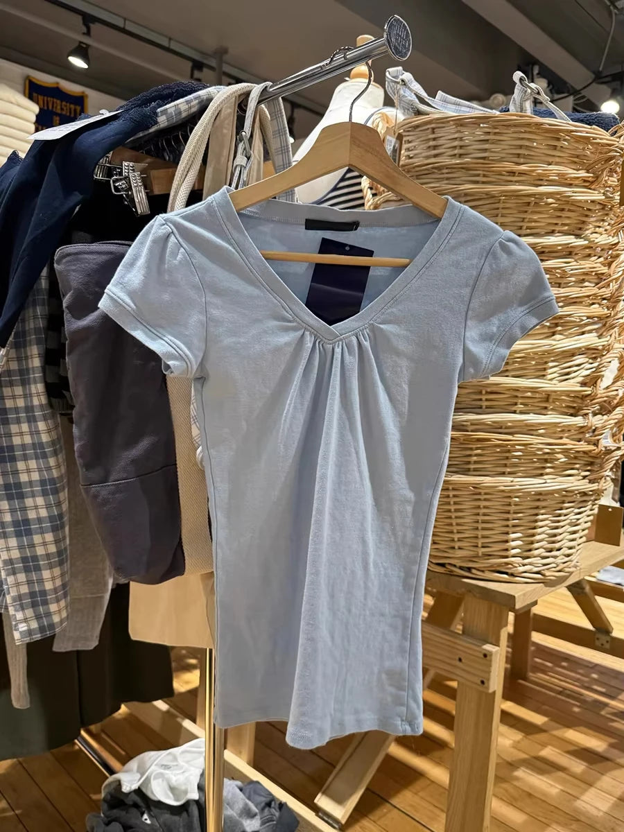 Blue Folds V-neck Slim Tshirts Women Summer Casual Streetwear Chic Cotton Short Sleeve Tees Sweet Cute Simple All-match Tshirt
