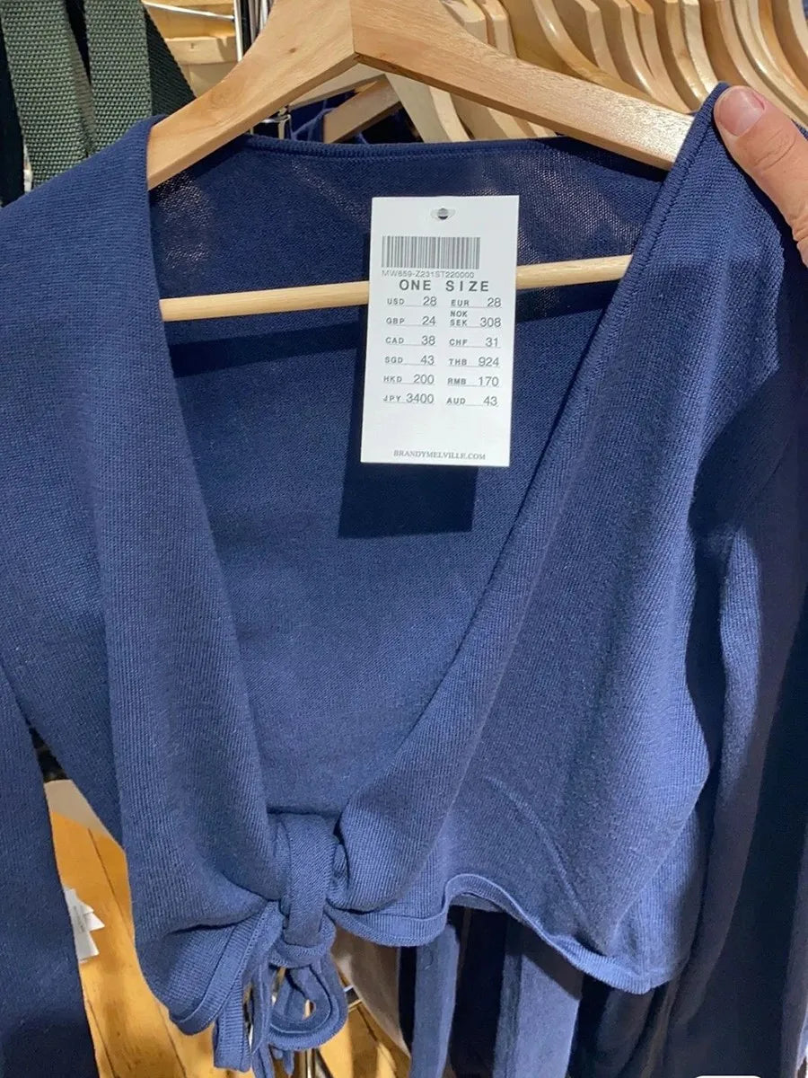 New Navy Lace-up Knitted Long Sleeve T-shirt Cardigan Women Autumn V-neck Casual Smock Wrap Tees American Vintage Crop Tops Y2K