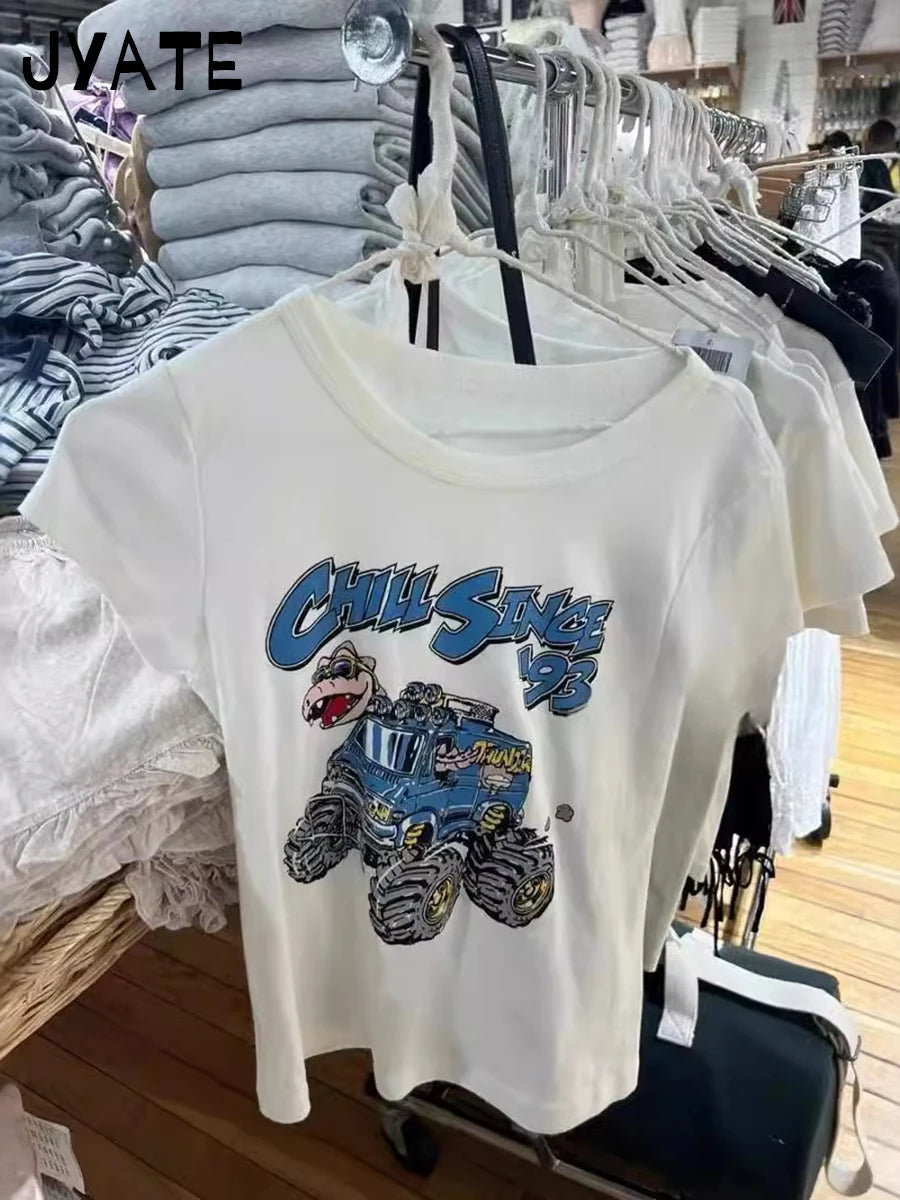 Cute Dinosaur Car Print O-neck T-shirts Women New Casual Cotton Soft Preppy Style Short Sleeve Tee Streetwear Vintage Sweet Tops