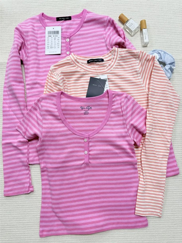 Sweet Button Long Sleeve Tees Women Spring New Cotton Rose Pink Striped Slim Zelly Tops Simple Chic Preppy Style T-shirts