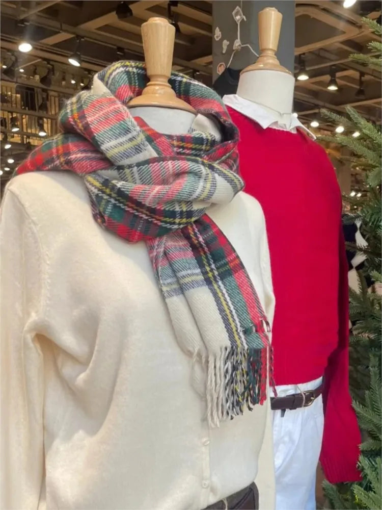 American Vintage Tassel Plaid Knitted Scarf Women Winter Unisex Warm Long Size Casual All-match Preppy Style Scarves Christmas
