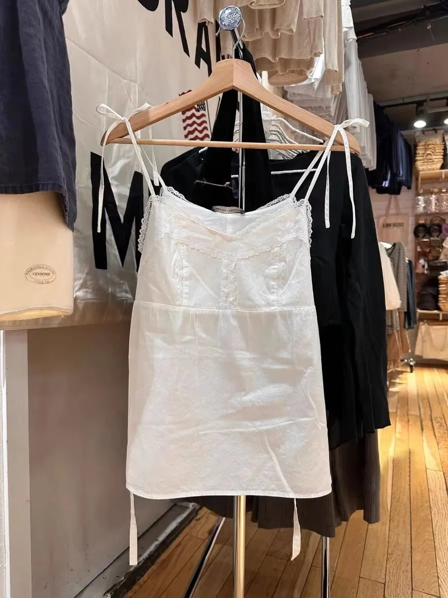 Sweet White Lace Trim Tank Tops Women Summer New Casual V-neck Lace-up Sleeveless Camisole Female Cute Preppy Style Vest Y2K Top