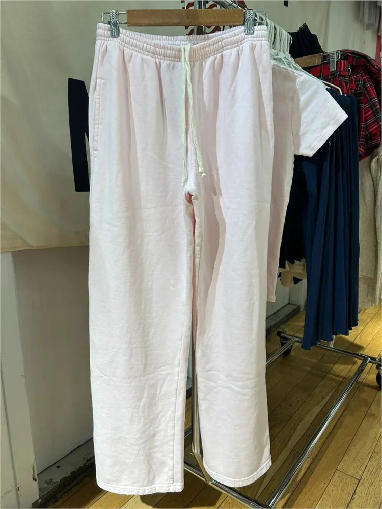 Pink Drawstring Straight Sweatpants Women Autumn Elastic Waist Cotton Loose Trousers Sweet Casual Streetwear Sport Y2K Long Pant