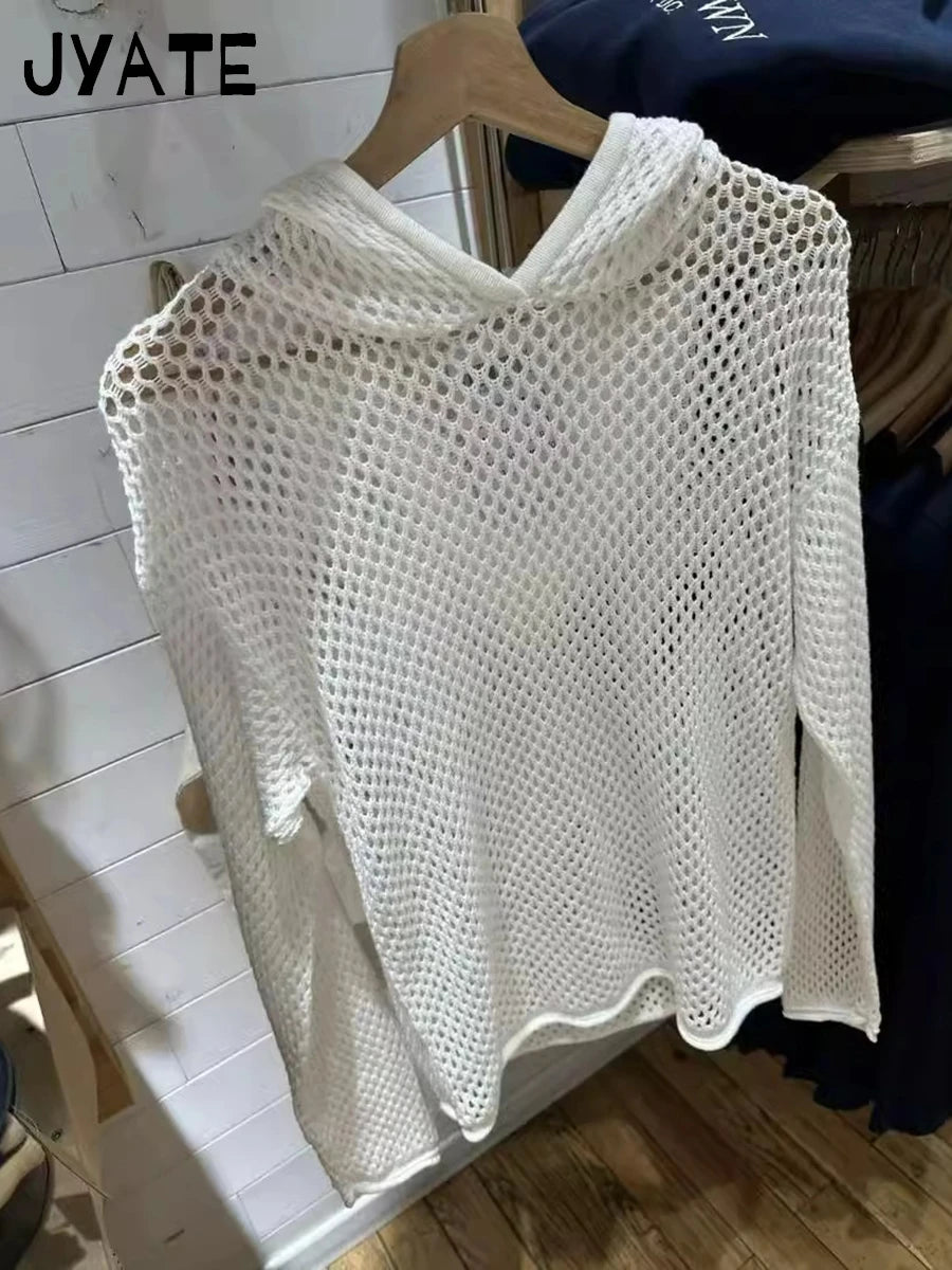 Hole White Long Sleeve Hoodies Tops Women New Cotton Knitted Streetwear Sexy Pullover Vintage Chic Preppy Style Sweatshirts Y2K
