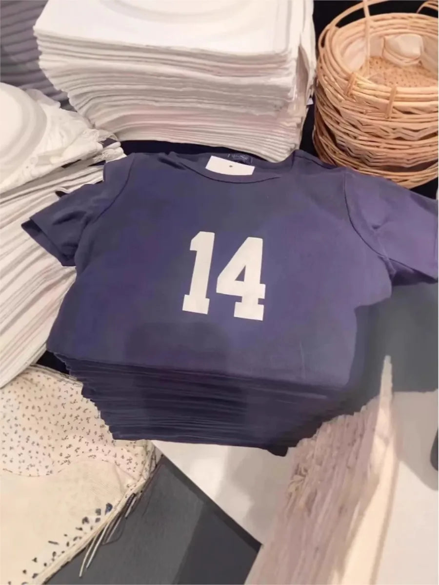 NO.14 Print Slim Navy T-shirts Women New Cotton Casual O-neck Short Sleeve Tees Girl American Vintage Streetwear Tshirt Y2K Tops
