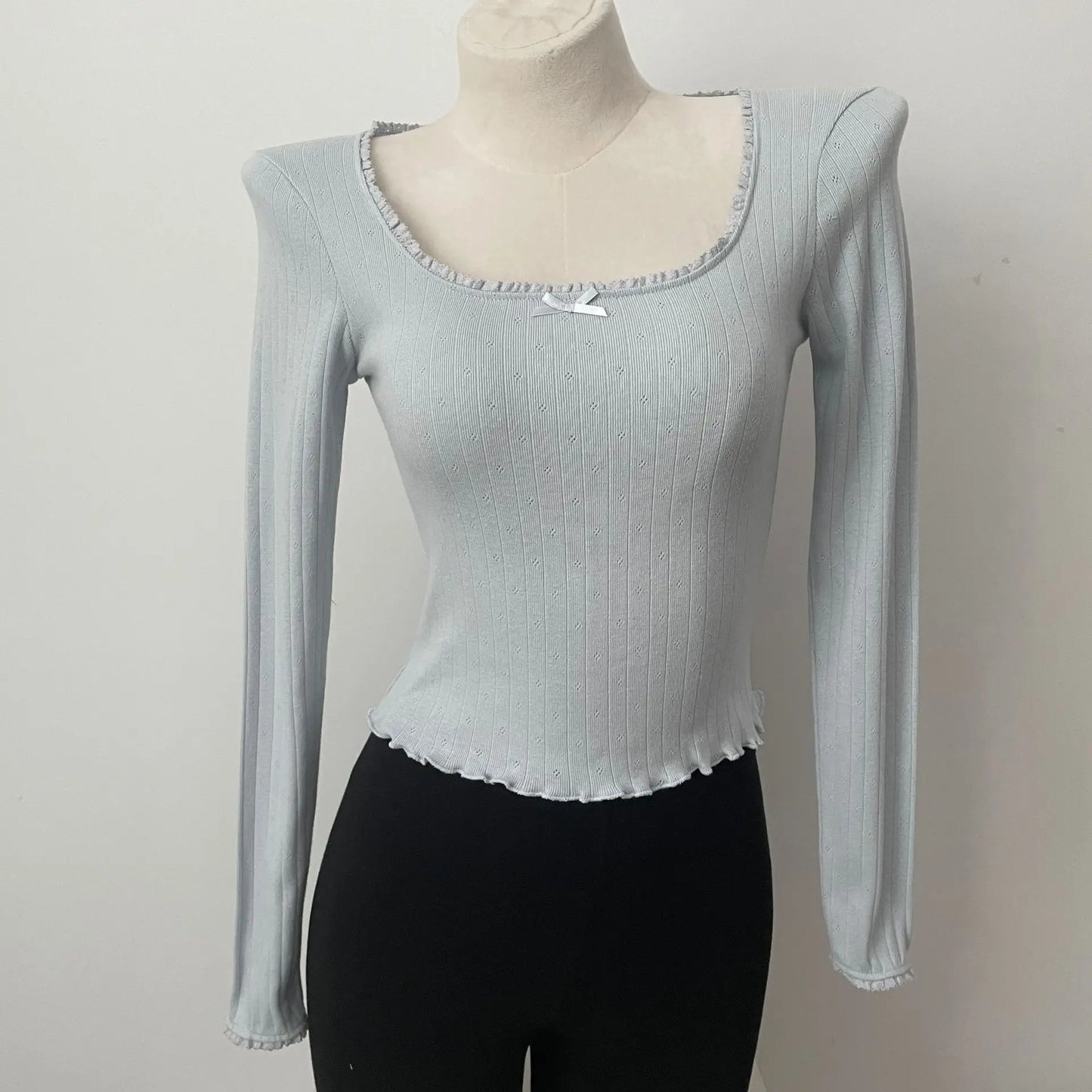 Solid Hollow Out Cotton Soft T-shirts Spring Bow Lace Trim Square Neck Long Sleeve Tee Slim Chic Sweet Vintage Cute Crop Tops