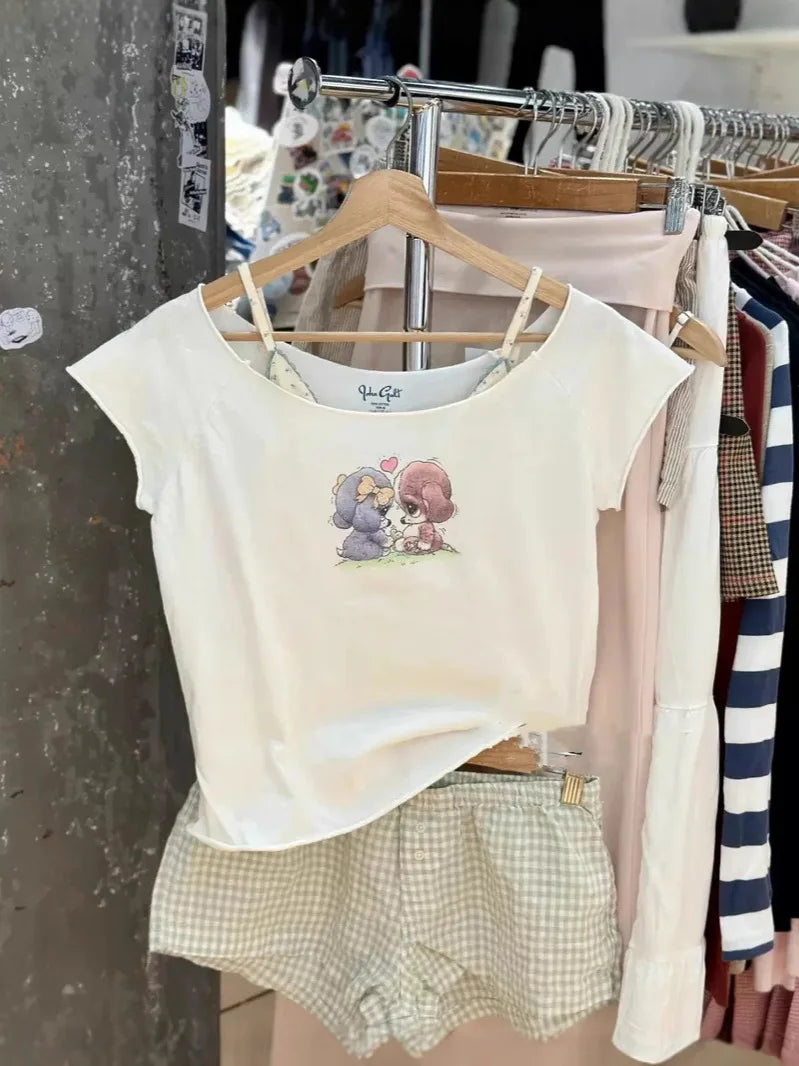 Guitar Print Slash Neck Crop Tops Women Summer New Streetwear Cotton Slim Raw Hem Short Sleeve Tee Sweet Vintage Cute T-shirts