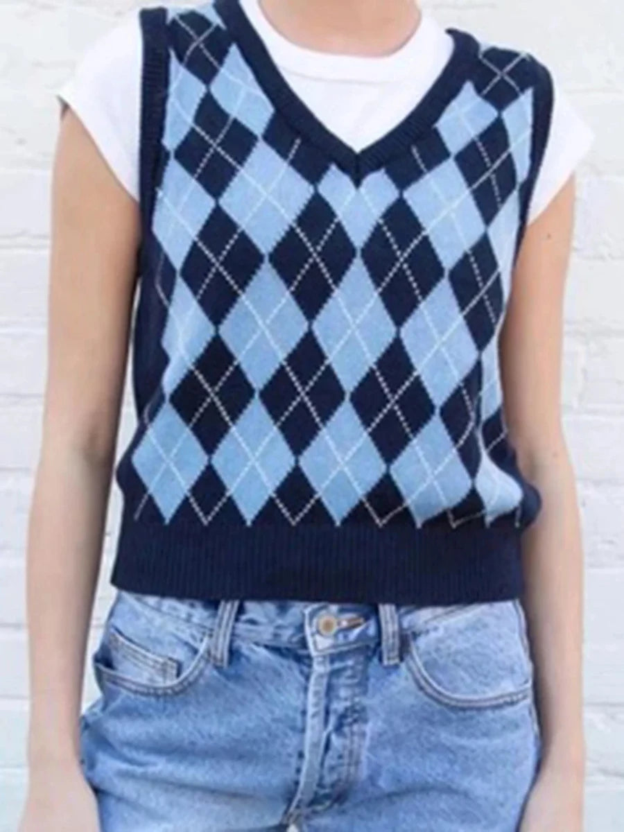 Argyle V-neck Knitted Vests Women Autumn Cotton Soft Casual Sleeveless Pullover Tank Tops Vintage Streetwear Chic Slim Sweaters