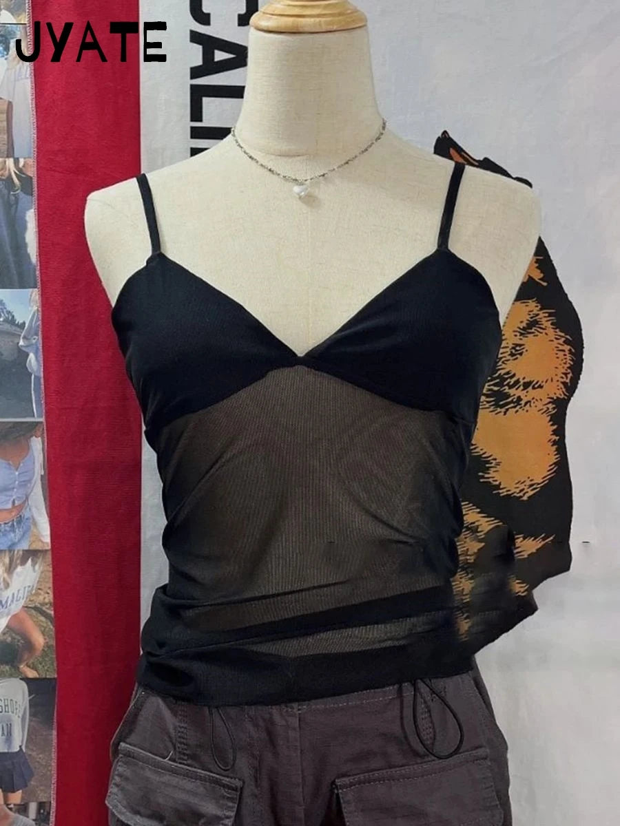 White Sexy Mesh Transparent Camisole Women Summer New Chic Basic V-neck Slim Sleeveless Vests Sweet Cute Vintage Tank Tops Y2K