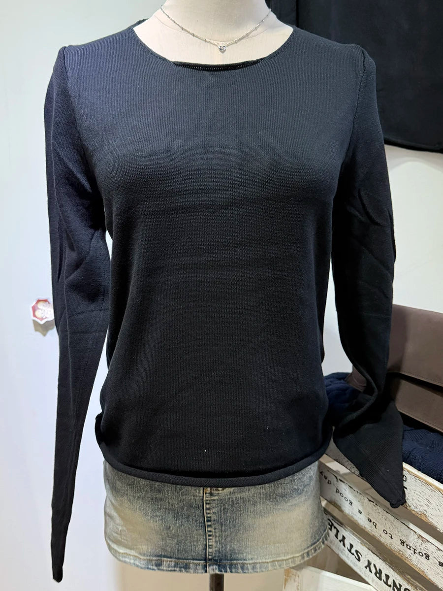 Harajuku Solid Raw Trim V-neck Long Sleeve Tees Women Autumn New Simple Casual Streetwear Tops Sweet Vintage Basic T-shirts Y2K
