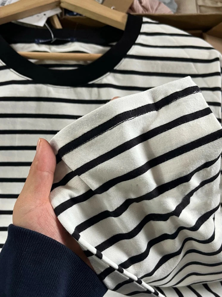 Casual Striped Long Sleeve T-shirt Woman Autumn Y2K Round Neck Cotton Basic Tee Shirt Vintage Streetwear Sweet Tshirts New Tops