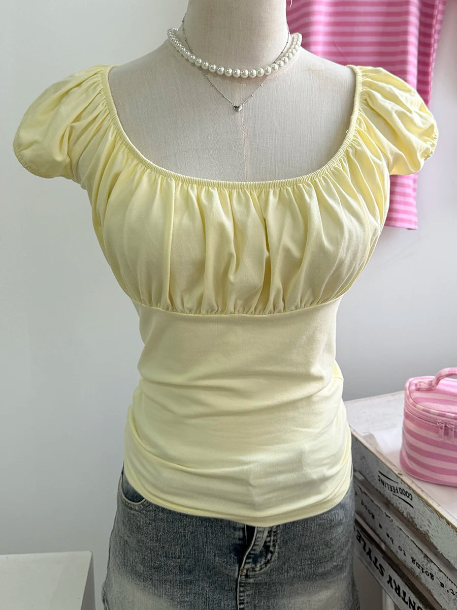 Mint Green Folds Slim T-shirts Women Summer Vintage Square Collar Cotton Puff Sleeve Tees Female Aesthetic Sweet Cute Y2K Tops