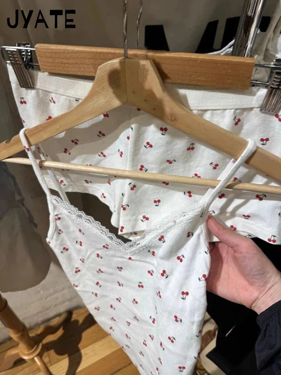 Cherry Print Eyelet Camisole Women New Cotton Soft Lace Trim V-neck Slim Sleeveless Vests Sweet Cute Chic Vintage Tank Tops Y2K