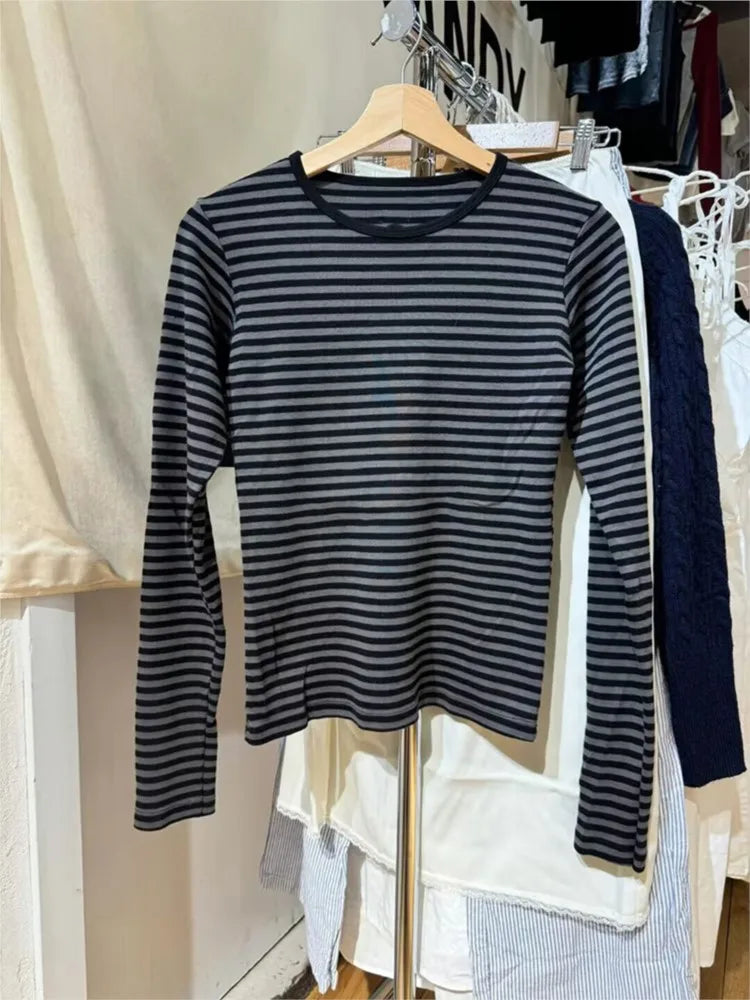 Striped Long Sleeve T-shirt Woman Spring New Y2K O-Neck Cotton Slim Tshirts Tops Female Vintage Cute Preppy Style Tee Shirts