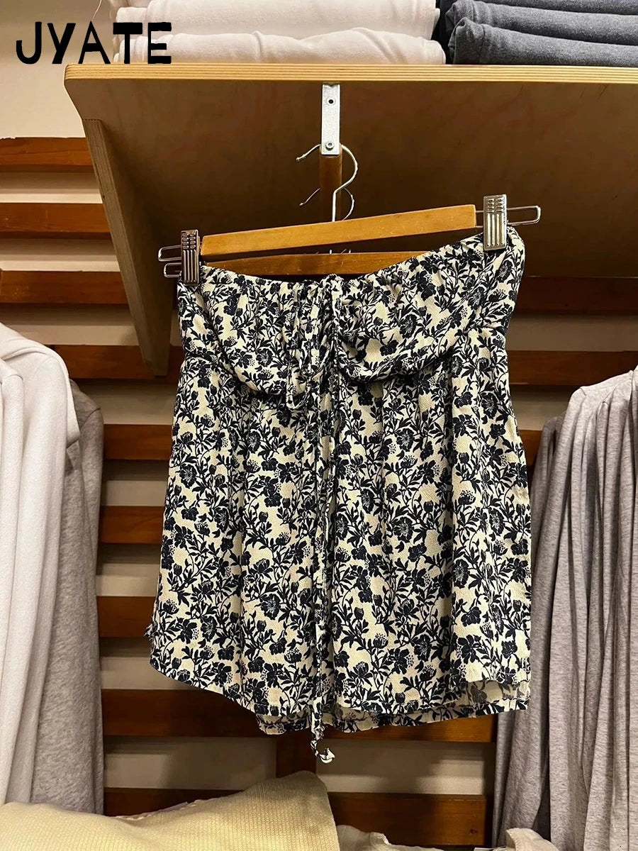 Sweet Navy Floral Drawstring Strapless Tank Tops Women New Streetwear Side Split Slim Cropped Vest Summer Vintage Chic Camis Y2k