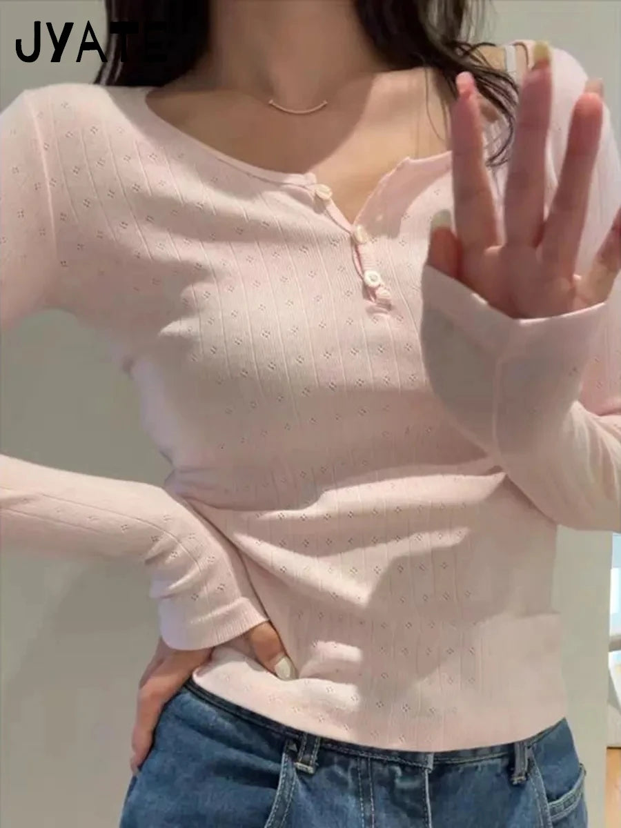 Sweet Pink Hollow Out Long Sleeve Tees Women Summer O-neck Buttons Cotton Slim Sexy Tops Female Cute Vintage Chic Y2K T-shirts