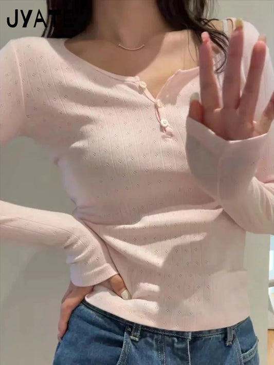 Sweet Pink Hollow Out Long Sleeve Tees Women Summer O-neck Buttons Cotton Slim Sexy Tops Female Cute Vintage Chic Y2K T-shirts