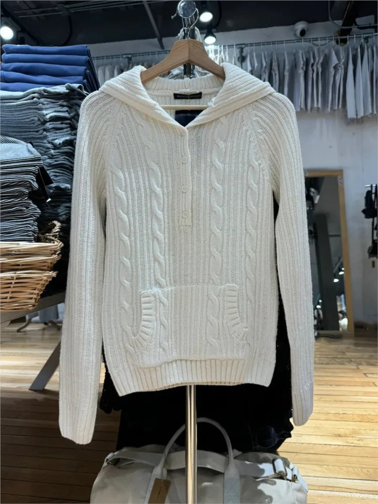Twist Flower Beige Buttons Slim Sweater Women Autumn Pocket Hooded Long Sleeve Knitted Hoodie Sweet Preppy Style Simple Sweaters